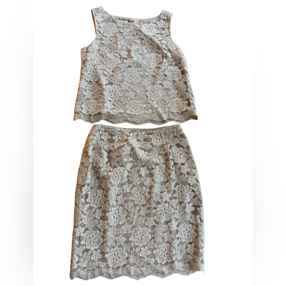 Jones New York Petite Beige Lace Sleeveless Top & Mini Skirt 4P Fully Lined EUC
